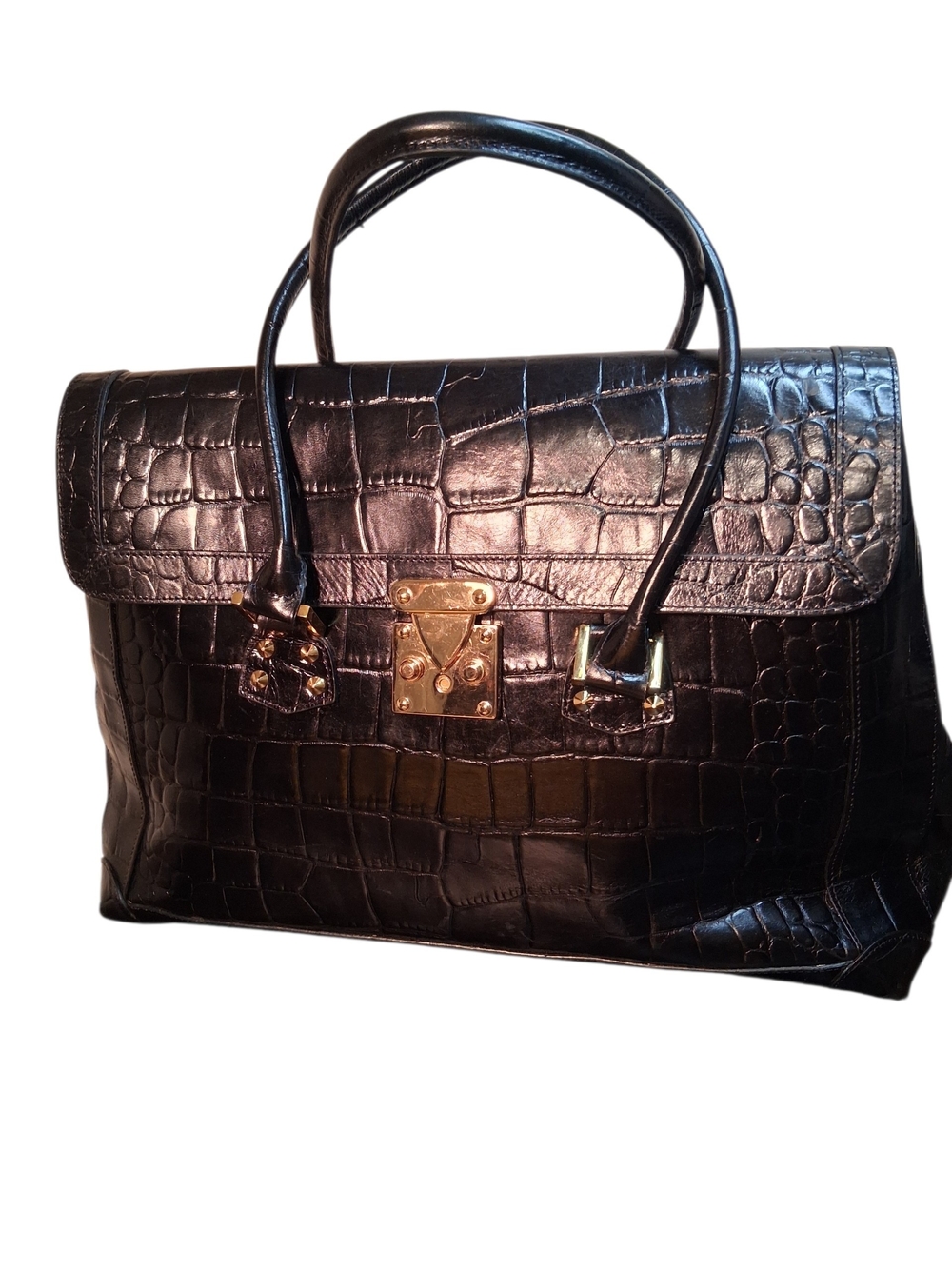 Nordstrom Black Croc-Embossed Satchel with Gold Hardware
